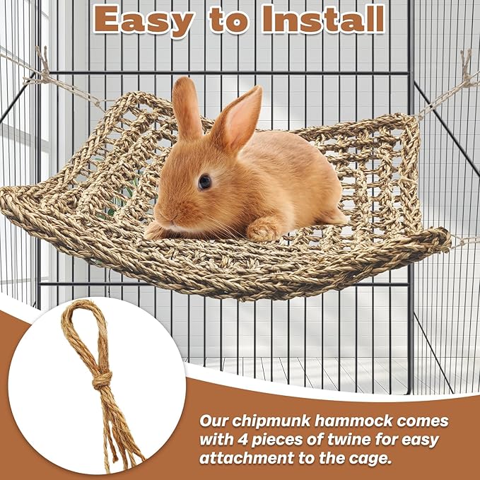 kathson Rabbit Hammock Swing 15.7 x 15.7 inch Rabbit Natural Seagrass Activity Zone Mat Guinea Pig Hammock Bunny Chew Toys for Small Animal Ferret Parakeet Bearded Dragon Chinchilla