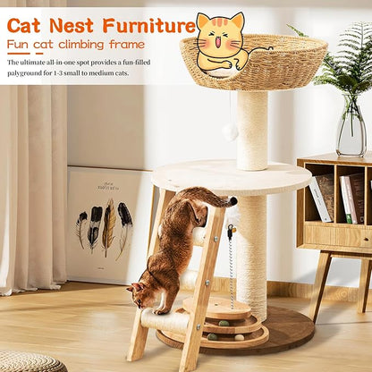 Natural Wood Modern Cat Tree with Top Cats Bed, Unique Cute Cats Furniture Activity Centre with Sisal Rope Scratching Posts, Cats Tower Condo with Interactive Cat Toy Tree