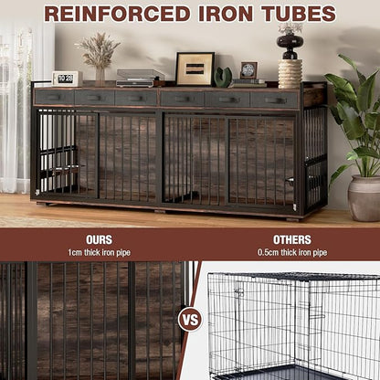 86.6" Double Dog Crate Furniture for Large Breeds,Metal Frame Heavy Duty Chew-Resistant Dog Crate Kennel for 2 Dogs with Adjustable Feeder Bowls/Removable Divider/6 Drawers,Rustic Brown