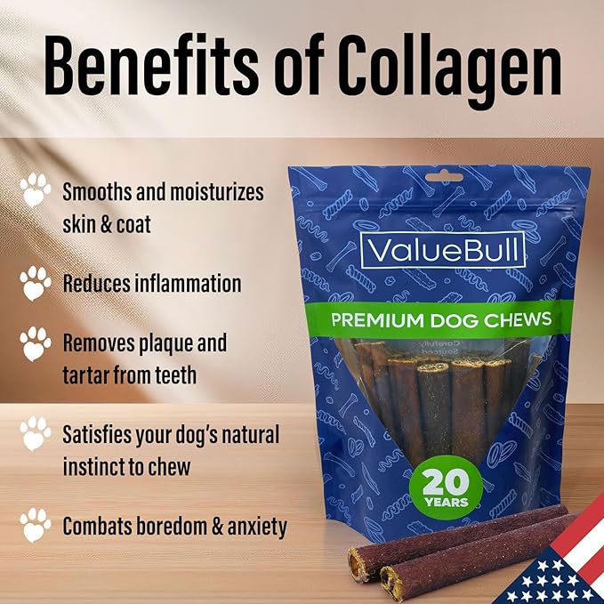 ValueBull USA Collagen Sticks for Dogs, 6 Inch Jumbo Chews, Natural Long-Lasting Dog Treats, 25 Count - Promotes Joint, Skin & Coat Health with Glucosamine and Chondroitin