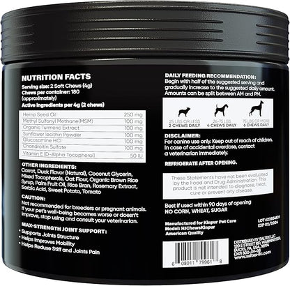 Hemp Joint Supplement for Dogs - Dog Joint Supplement with Glucosamine, Chondroitin, MSM - Supports Hip and Joint Heath, Better Mobility, Skin and Coat - for All Breeds and Ages - 180 Dog Chews, Duck