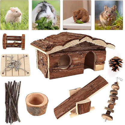 ZALALOVA Hamster-Chew-Toys Pet Activity Structure, 17 Pack Wooden Accessories with House, Food Bowl, Activity Toys for Mouse, Rats, Gerbils, Small Birds