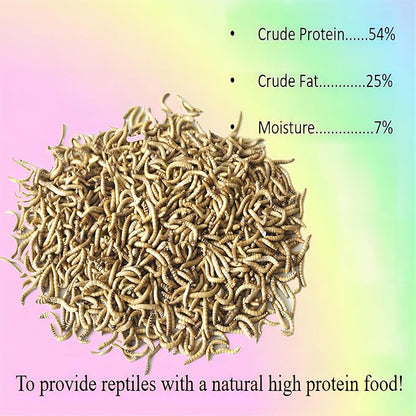 20 oz freeze-dried mealworms - Low temperature freeze-dried process, non-destructive high-end process to remove moisture. The fragrant, meaty dried worms provide a high protein source for chickens