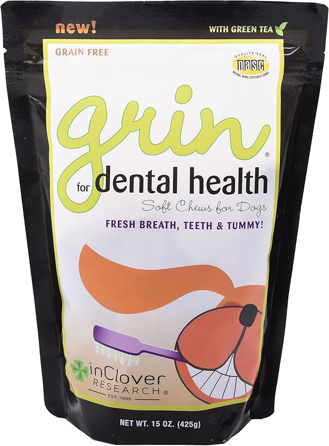 Natural Dental Treat, Grin, Fresh Breath Dog Chew Treat with Prebiotics, Fresh Breath Tartar Control, Daily Chew Supplement for Dogs Supports Dog Gums and Teeth