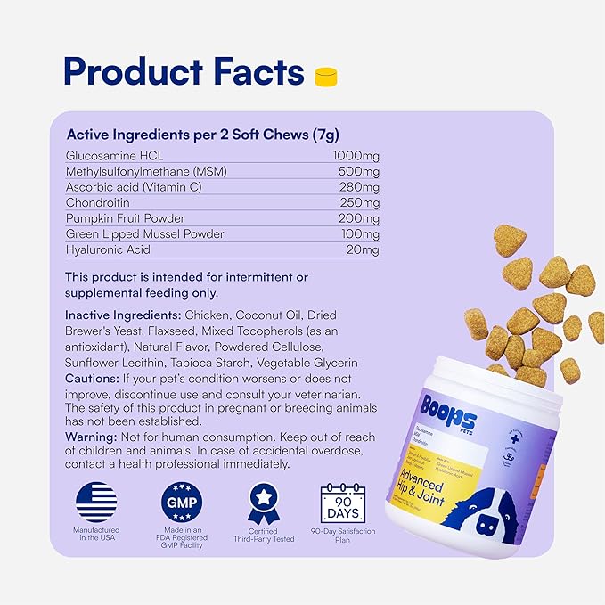 Advanced Hip & Joint Supplement for Dogs - 90 Soft Chews with Glucosamine, MSM, Chondroitin & Multivitamins - Helps Mobility, Flexibility & Arthritis Relief - Made with Pasture-Raised Chicken