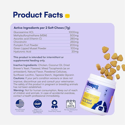 Advanced Hip & Joint Supplement for Dogs - 90 Soft Chews with Glucosamine, MSM, Chondroitin & Multivitamins - Helps Mobility, Flexibility & Arthritis Relief - Made with Pasture-Raised Chicken