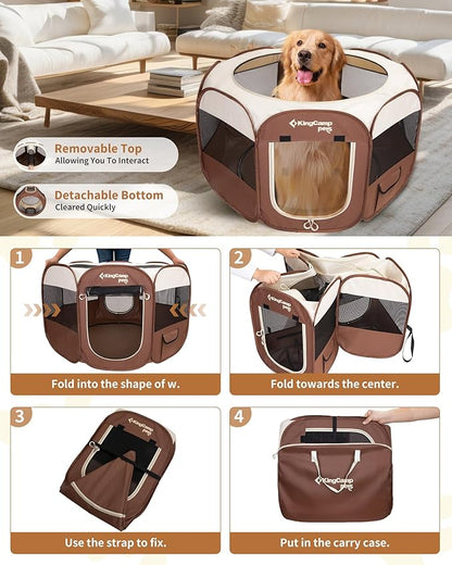 KingCamp Dog Playpen, Portable Foldable Cat Kitten Puppy Tent Crates 29"/36"/50" Pop Up Pet Playpen with Zippered Bottom & Cover for Indoor Outdoor Use (Medium, Khaki)