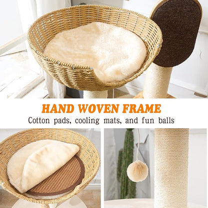Large Cat Tree Wood - Modern Multi-Cat Tower with Scratching Posts & Handwoven Condo | Sturdy Cat Furniture for Indoor Cats, Modern Cat House Supplies