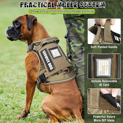 Tactical Dog Harness and Leash Set for Large Dogs,Heavy Duty No Pull Service Dog Vest and 10 Patches with Dog Seat Belt,Reflective Adjustable Pet Harness for Training Walking Hiking Camo XL