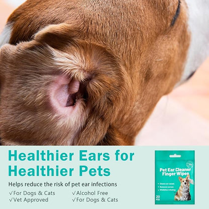 Portable Dog Ear Cleaner Wipes Grooming Kit Care for Dogs & Cats Pet Ear Relief Gently Remove Ear Wax Debris and Smelly 20 Pcs Unscented