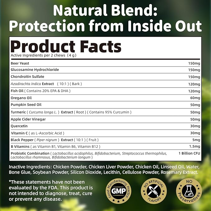 Dog Flea and Tick Support Chewable, Natural Dog Flea Comfort Supplement, Oral Chews with Neem, Oregano Oil, Pumpkin Seed Oil & Brewer's Yeast – 135 Soft Chews, Chicken Flavor – for All Breeds & Sizes
