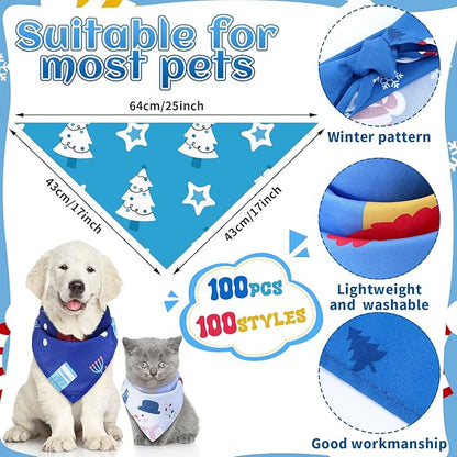 100 Pcs Winter Dog Bandanas Bulk Pet Bibs Blue Triangle Scarf Snowflake Pet Bandanas for Medium Large Dogs Winter Snowflake Christmas Party Holiday Festival Costume Decor