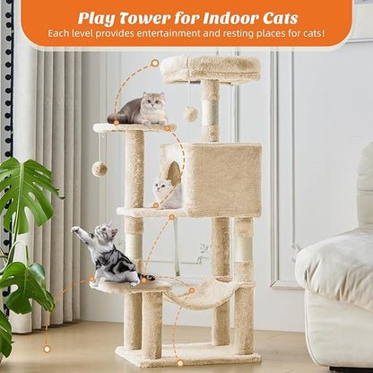 Sweetcrispy 44 inch Cat Tree Tower, Multi-Cat Climbing Tower with Condo, Natural Sisal Scratching Posts, Extended Platform, Hammock, Pet House for Indoor Cats and Kittens Play, Beige