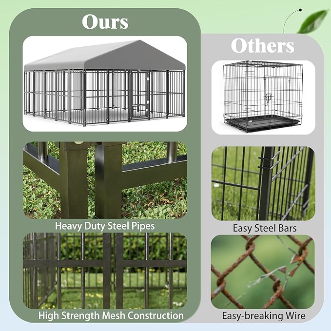 10X10FT Large Dog Kennel Outside with Feeding Door, Heavy Duty Dog Cage with Roof and Double Safety Locks, Outdoor Dog Enclosure for Pets