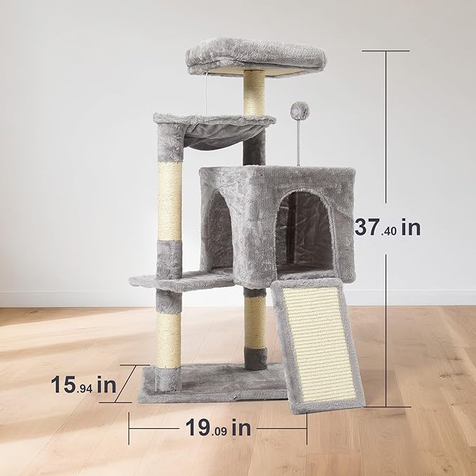 37-inch Cat Tree Tower with Multi-Level Cat Condo, Scratching Posts,2-Door Cat Cave,Light Grey