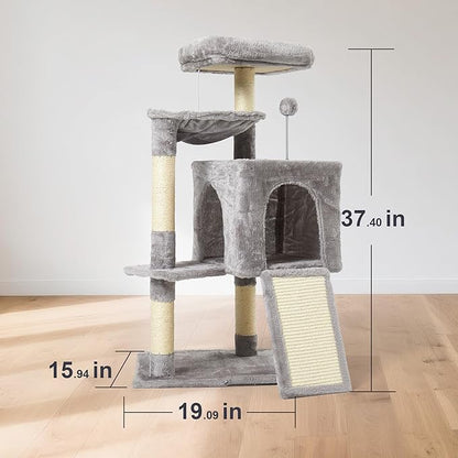 37-inch Cat Tree Tower with Multi-Level Cat Condo, Scratching Posts,2-Door Cat Cave,Light Grey