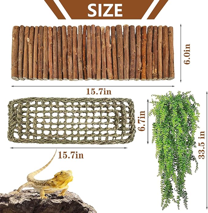 kathson Reptile Wooden Bridge,Bearded Dragon Hammock Decor Wood Reptile Hideout Hut Terrarium Hanging Plants Climbing Accessories Reptiles Hide Caves for Snake Gecko Lizard Tortoise (3 Pcs)