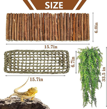 kathson Reptile Wooden Bridge,Bearded Dragon Hammock Decor Wood Reptile Hideout Hut Terrarium Hanging Plants Climbing Accessories Reptiles Hide Caves for Snake Gecko Lizard Tortoise (3 Pcs)