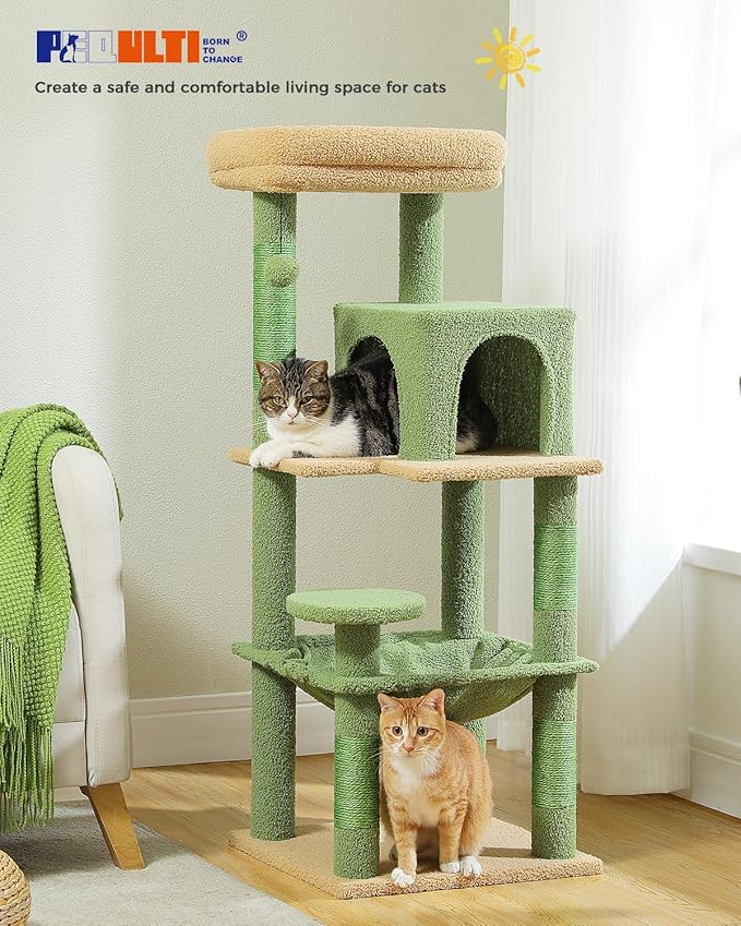 PEQULTI 45.7'' Cactus Cat Tree for Indoor Cats with Metal Frame Big Hammock, Cat Tower for Small or Medium Cats with Cat Condo House, with Scratching Posts and Top Perch, Green