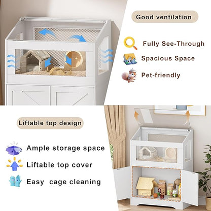 PAKASEPT Hamster Cage, Small Animal Cages with Storage Cabinet, Visual and Ventilated Large Habitats Hamster House for Rat, Guinea Pig, Hedgehog, Gerbil, White