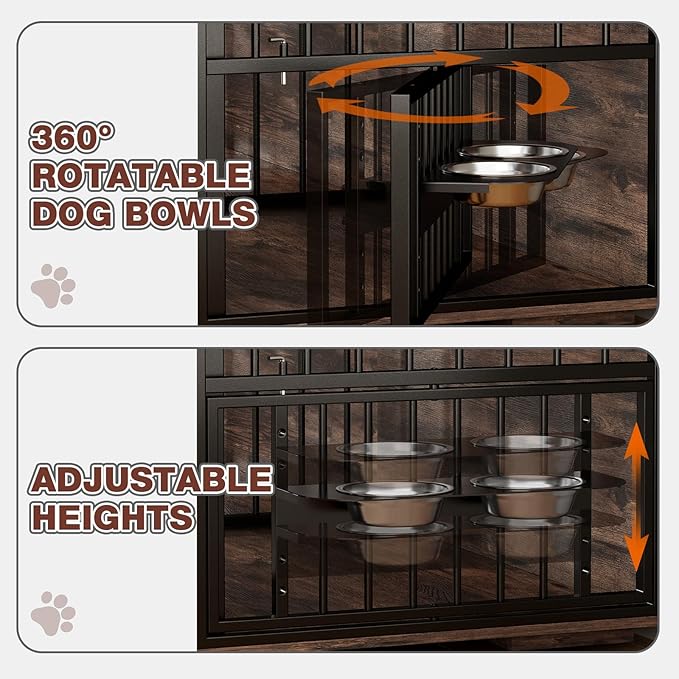 86.6" Double Dog Crate Furniture for Large Breeds,Metal Frame Heavy Duty Chew-Resistant Dog Crate Kennel for 2 Dogs with Adjustable Feeder Bowls/Removable Divider/6 Drawers,Rustic Brown
