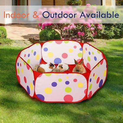 Pawaboo Small Animals Playpen, Waterproof Small Pet Cage Tent with Strong Steel Wire Frame, Portable Outdoor Yard Fence for Chick/Kitten/Puppy/Guinea Pig/Rabbits/Hamster/Chinchillas, Red + Polka Dots