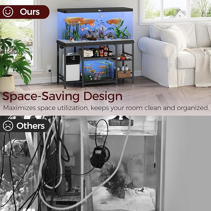 55-75 Gallon Fish Tank Stand with Power Outlet, 3-Tier Metal Frame Aquarium Stand, Heavy Duty Reptile Terrarium Tank Stand, 52.0" L x 19.7" W x 29.9" H, 800 LBS Capacity, Black FTBK55E01