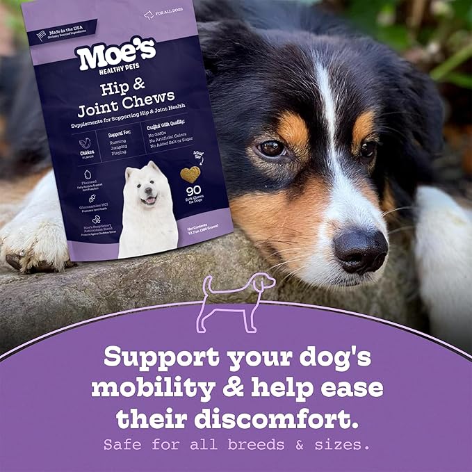 Moe’s Dog Joint Supplement 90 Soft Chews – Glucosamine, Chondroitin & Hyaluronic Acid with Vitamins C & E – Advanced Hip and Joint Support for Dogs – Ideal for Bone Health & Joint Pain Relief
