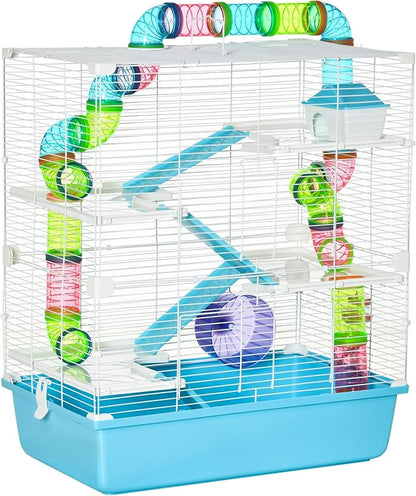 PawHut Extra Large 23" Hamster Cage with Tubes and Tunnels, Portable Carry Handles, Rat House and Habitats Big 5-Tier Design, Mouse Cage Includes Exercise Wheel, Water Bottle, Food Dish, Light Blue