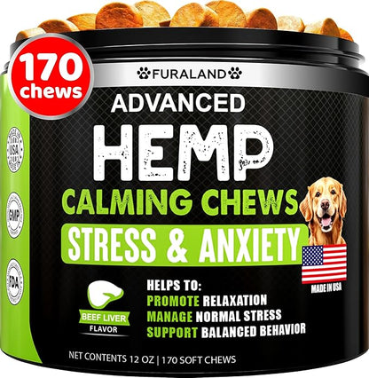 Hemp Calming Chews for Dogs Anxiety - 170 Dog Calming Chews - Anxiety Relief Treats - Dog Calming Treats - Hemp Oil - Sleep Calming Aid - Advanced Calming Health Joint Support Supplement - Made in USA