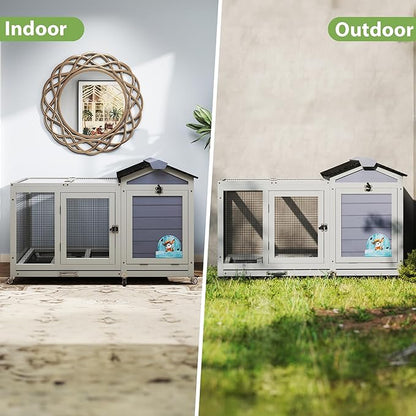 COZIWOW 39inches Fashion Wood Rabbit Hutch Indoor，Wide Space Small Animal Houses Habitats with Removable Tray&Safety Lock，Bunny Cage with Waterproof Roof&Solar Panels (Grey)