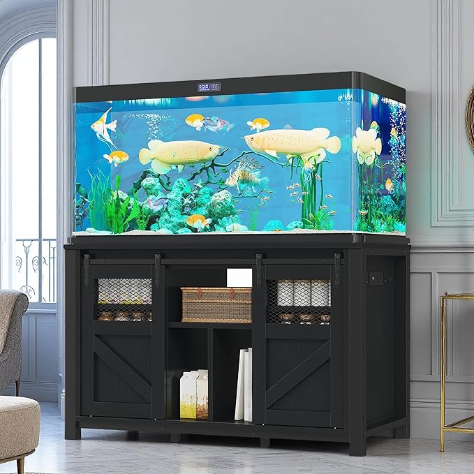 DWVO 120 Gallon Aquarium Stand with Power Outlets, Heavy Duty Metal Fish Tank Stand & Cabinet, Reptile Terrarium Table with 1100LBS Capacity for Aquarium Accessories Storage, Black