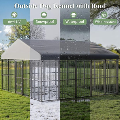 10X14FT Large Dog Kennel Outside with Feeding Door, Heavy Duty Dog Cage with Roof and Double Safety Locks, Outdoor Dog Enclosure for Pets