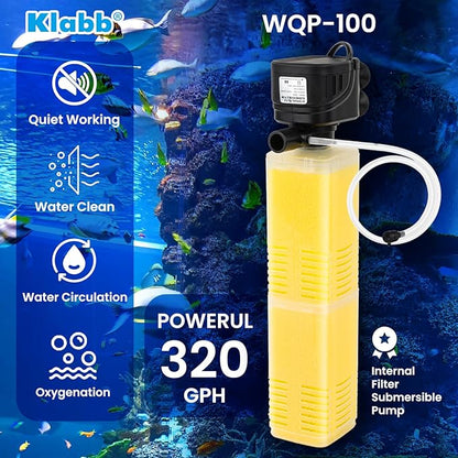 Klabb Aquarium Filter 40-100 Gal Tanks Submersible Internal Fish Tank Filters Large Tank Pond Clear for 320 GPH 4 in 1 Biochemical Filtration 1.2 m Lift Wavemaker and Air Supply 110V 60Hz