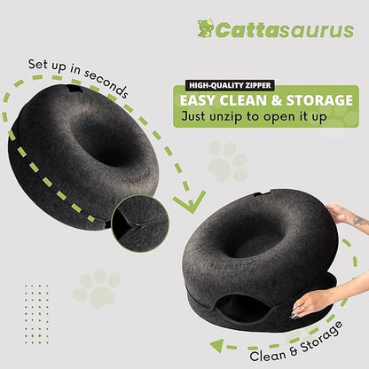 CATTASAURUS Peekaboo Cat Cave for Multiple & Large Cats Up to 30-45 Lbs, Scratch Detachable & Washable Tunnel Bed, Comfy Donut Cat Cave (Light Gray + Dark Gray, Large)