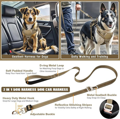 Tactical Dog Harness and Leash Set Small Sized Dog,Heavy Duty No Pull Service Dog Vest and 10 Patches with Dog Seat Belt,Reflective Adjustable Pet Harness for Training Walking Hiking Brown S