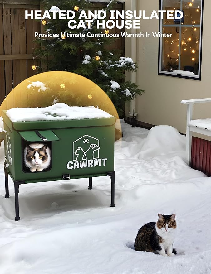 Outdoor Heated Cat House, Detachable Feral Cats House with Open Window, Weatherproof in Winter, Cat Shelter with Pet Heating Pad (Green, Medium)