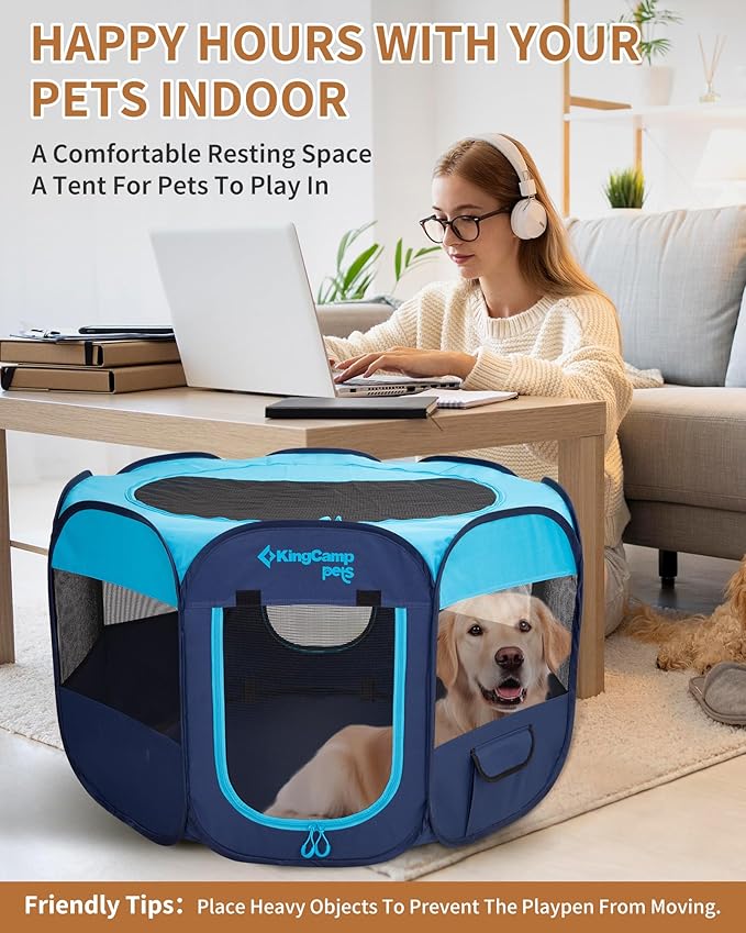 KingCamp Dog Playpen, Portable Foldable Cat Kitten Puppy Tent Crates 29"/36"/50" Pop Up Pet Playpen with Zippered Bottom & Cover for Indoor Outdoor Use (X-Large, Blue)