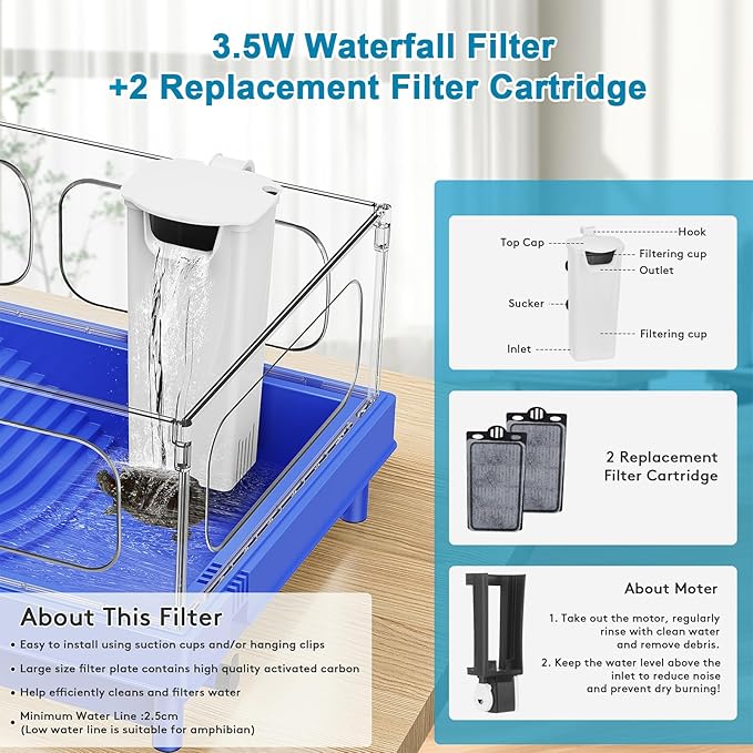 Geegoods Turtle Tank, Blue Small Turtle Tank Kit, Turtle Aquarium with Filter, Colored Rocks, Brush and Small Plant