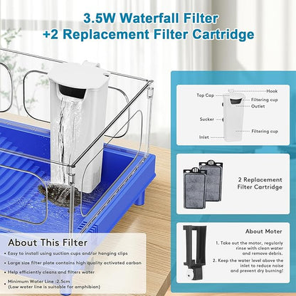 Geegoods Turtle Tank Kit, Blue Small Turtle Tank Starter Kit, Turtle Aquarium with Light, Filter, Colored Rocks, Brush and Small Plant