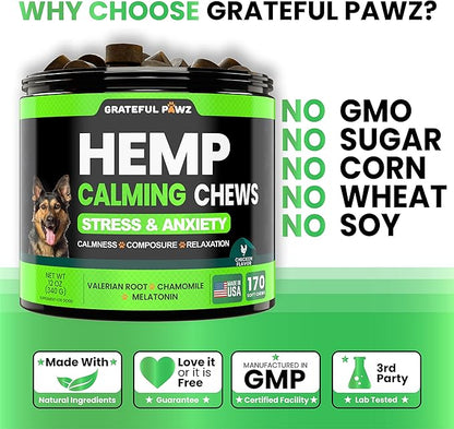 Grateful Pawz Hemp Calming Chews for Dogs - Dog Calming Chews - 170 Anxiety Relief Treats with Hemp Oil - Sleep Aid - Advanced Health Joint Support Supplement - Health & Wellness
