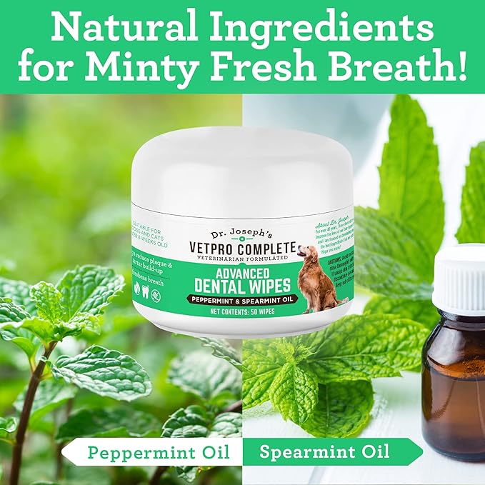 VetPro Complete Dr. Joseph's Advanced Dog Dental Wipes, 50 Count, Easy Teeth Cleaner for Dogs and Cats with Peppermint and Spearmint, Freshens Breath, Reduces Tartar