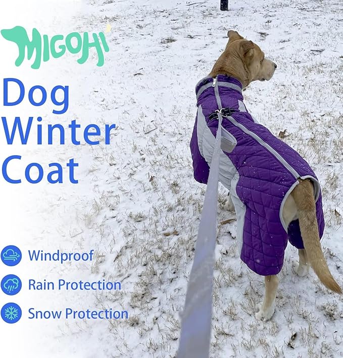 MIGOHI Full Body Dog Coat - Warm Reflective Winter Coat with Harness, Turtleneck Fleece Jacket for Small to Large Dogs - Four-Legged Snowsuit with Zipper
