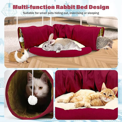 BWOGUE Bunny Tunnel Bed, 2-in-1 Collapsible Tunnel Tubes Toys with Removable Mat Hideout for Cats Kittens Rabbits Guinea Pigs Kitty
