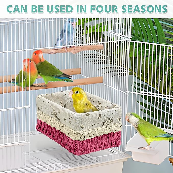 kathson Bird Nest Parrot House Birds Sleeping Bed Straw Weave All Season Hanging Hammock Bird Bed Snuggle Hut Birdcage Accessories for Parakeets Budgies Cockatiels Conures Quaker Parrot (Red)