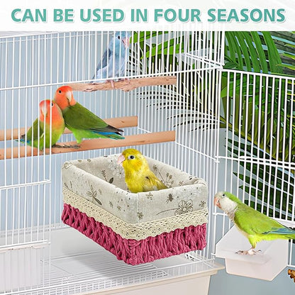kathson Bird Nest Parrot House Birds Sleeping Bed Straw Weave All Season Hanging Hammock Bird Bed Snuggle Hut Birdcage Accessories for Parakeets Budgies Cockatiels Conures Quaker Parrot (Red)
