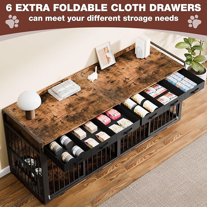 86.6" Double Dog Crate Furniture for Large Breeds,Metal Frame Heavy Duty Chew-Resistant Dog Crate Kennel for 2 Dogs with Adjustable Feeder Bowls/Removable Divider/6 Drawers,Rustic Brown