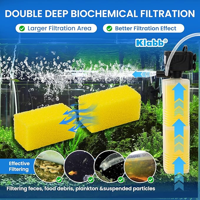 Klabb Aquarium Filter 40-100 Gal Tanks Submersible Internal Fish Tank Filters Large Tank Pond Clear for 320 GPH 4 in 1 Biochemical Filtration 1.2 m Lift Wavemaker and Air Supply 110V 60Hz
