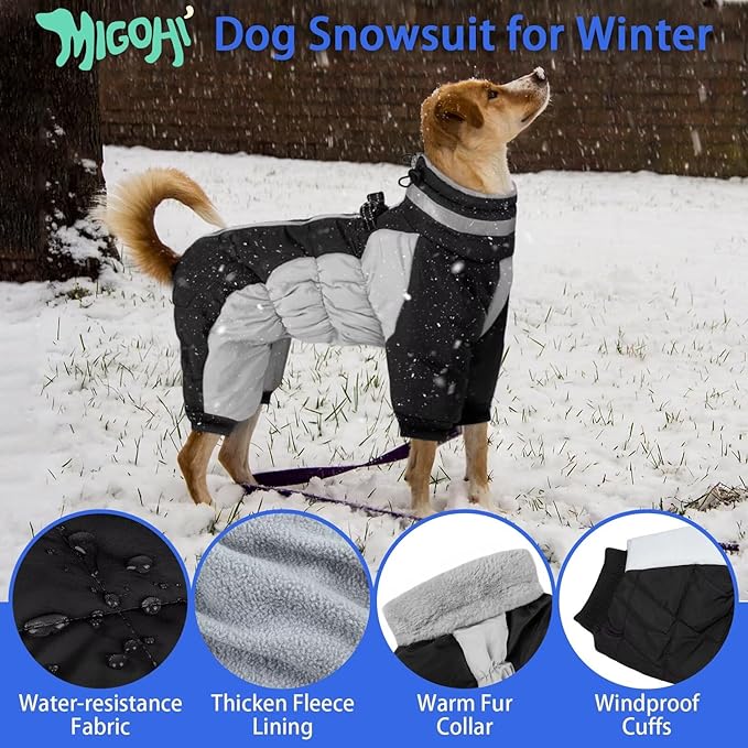 MIGOHI Full Body Dog Coat - Warm Reflective Winter Coat with Harness, Turtleneck Fleece Jacket for Small to Large Dogs - Four-Legged Snowsuit with Zipper