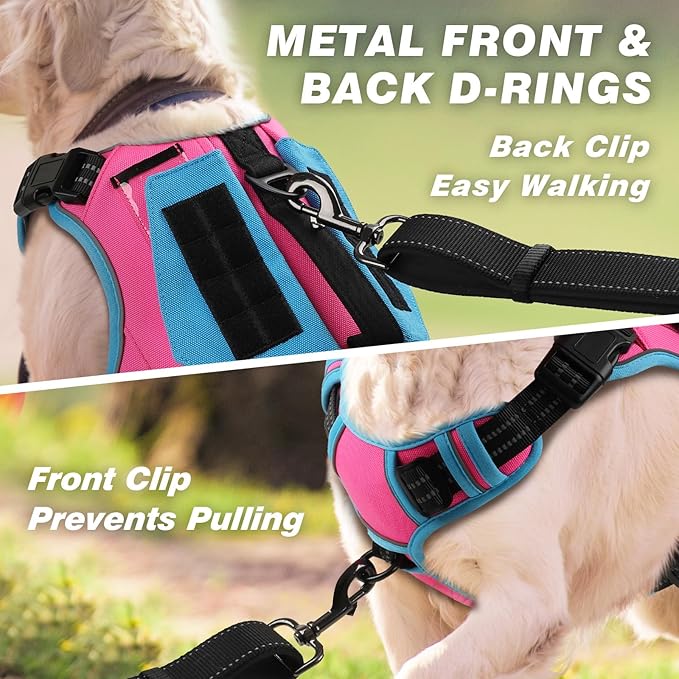 WINGOIN Tactical Dog Harness for Large Dogs, No Pull Harness with Handle Pockets Poop Bag, Reflective Dog Vest, Military Service Heavy Duty Big Dog Harness for Walking Hiking Training (Pink Blue, L)